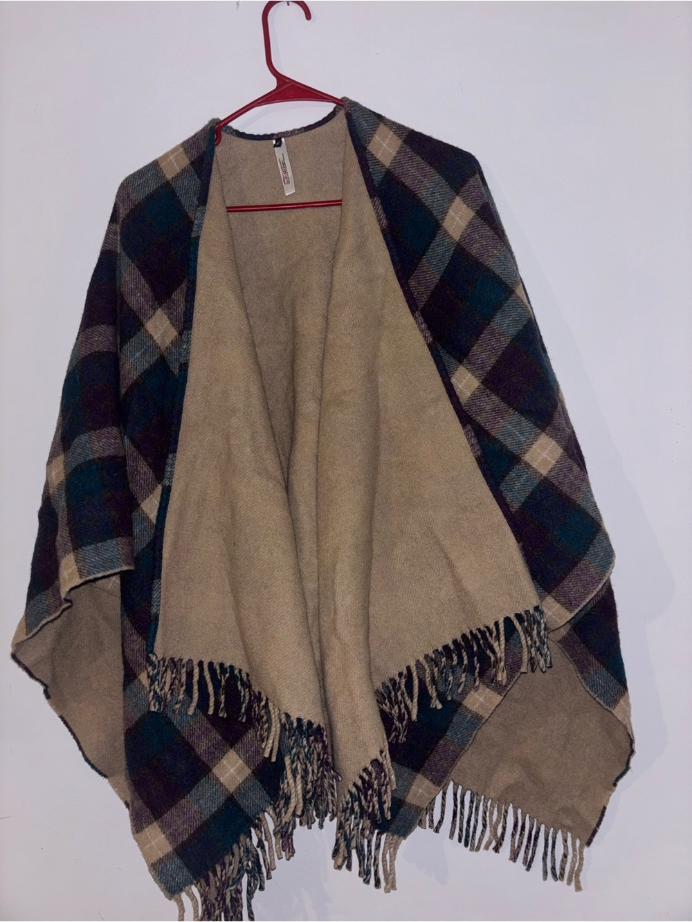 Talbots Plaid Fringe Poncho - Beige, Teal, Navy